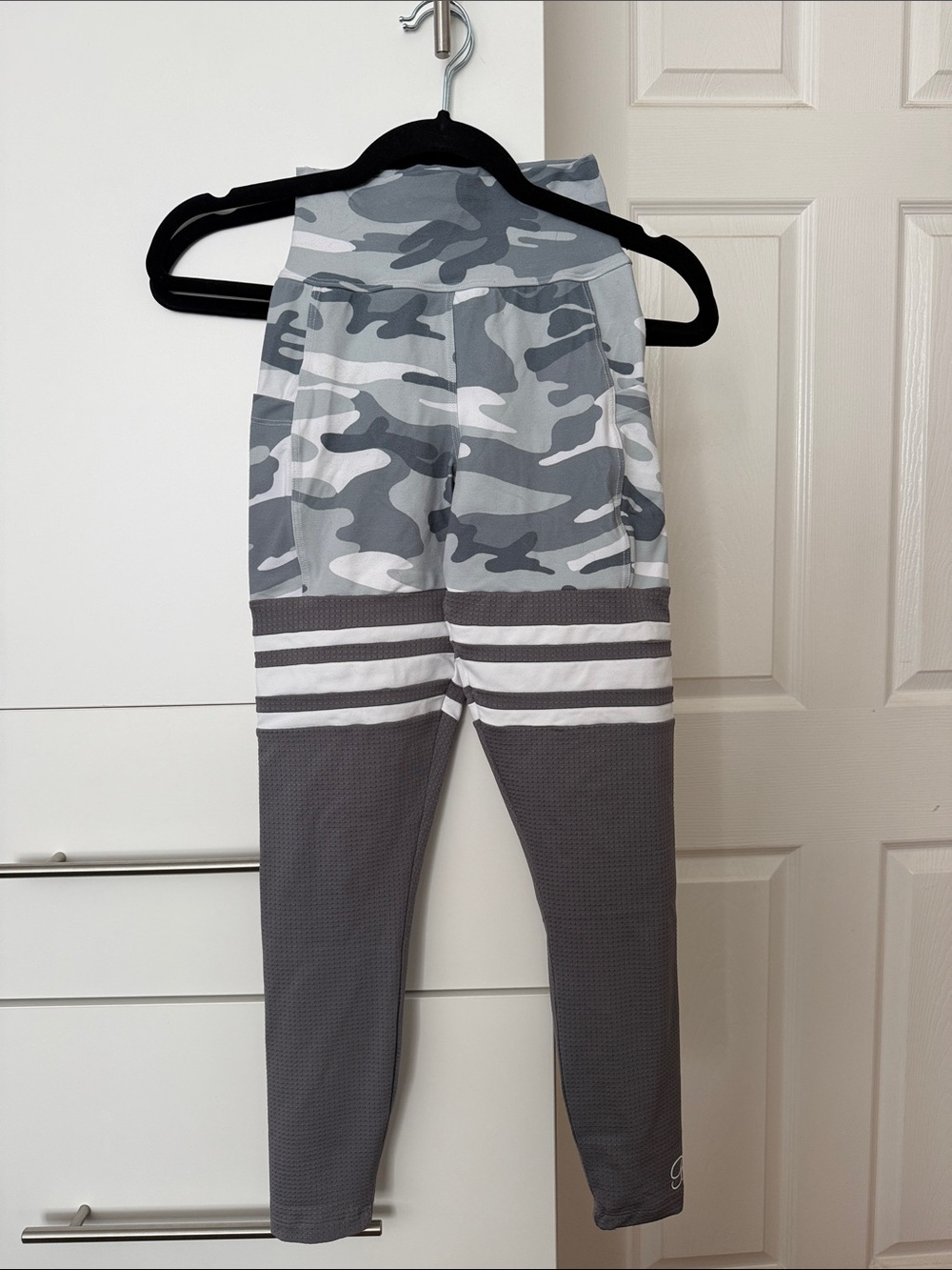 Bombshell Sportswear Gray Camo & Charcoal Striped Leggings